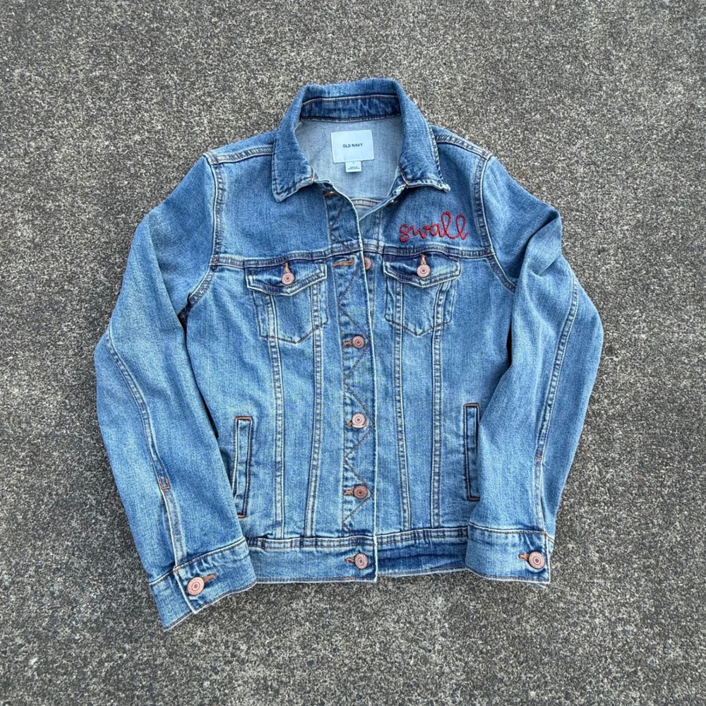 Old Navy Womens Denim Jacket Blue S Custom Boot Scootin Murderino MFM Podcast
